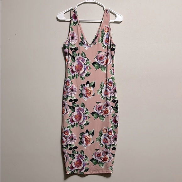 Zara Dresses & Skirts - Zara Pink Pastel Floral Tube Sheath Black Bodycon Midi Tank Slip Dress Medium